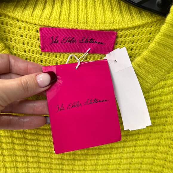 $1695 NWT The Elder Statemans Yellow Smiley Face Waffle Knit Crew Neck Sweater L - Picture 8 of 11